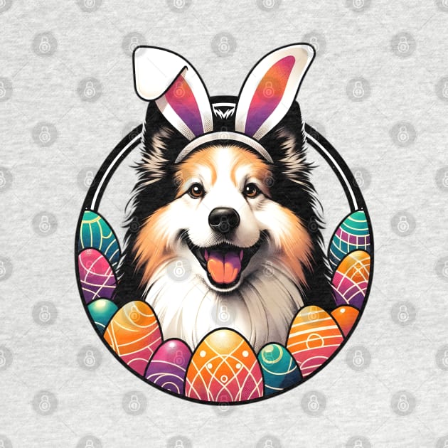 Icelandic Sheepdog Enjoys Easter with Bunny Ears and Eggs by ArtRUs